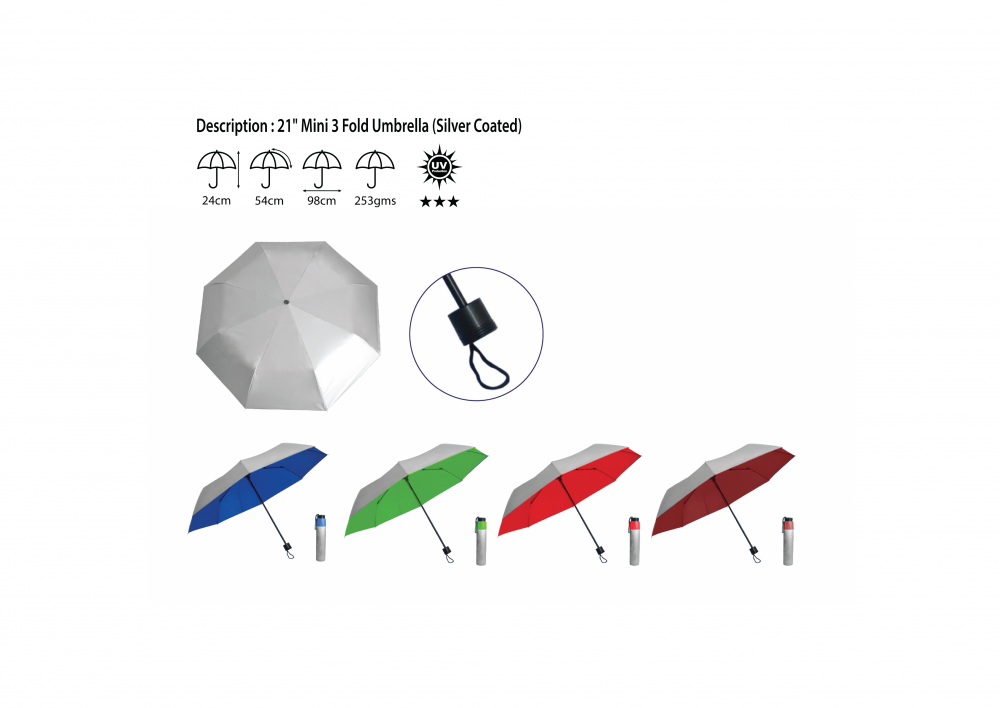 21 MINI 3 FOLD UMBRELLA (SILVER COATED)